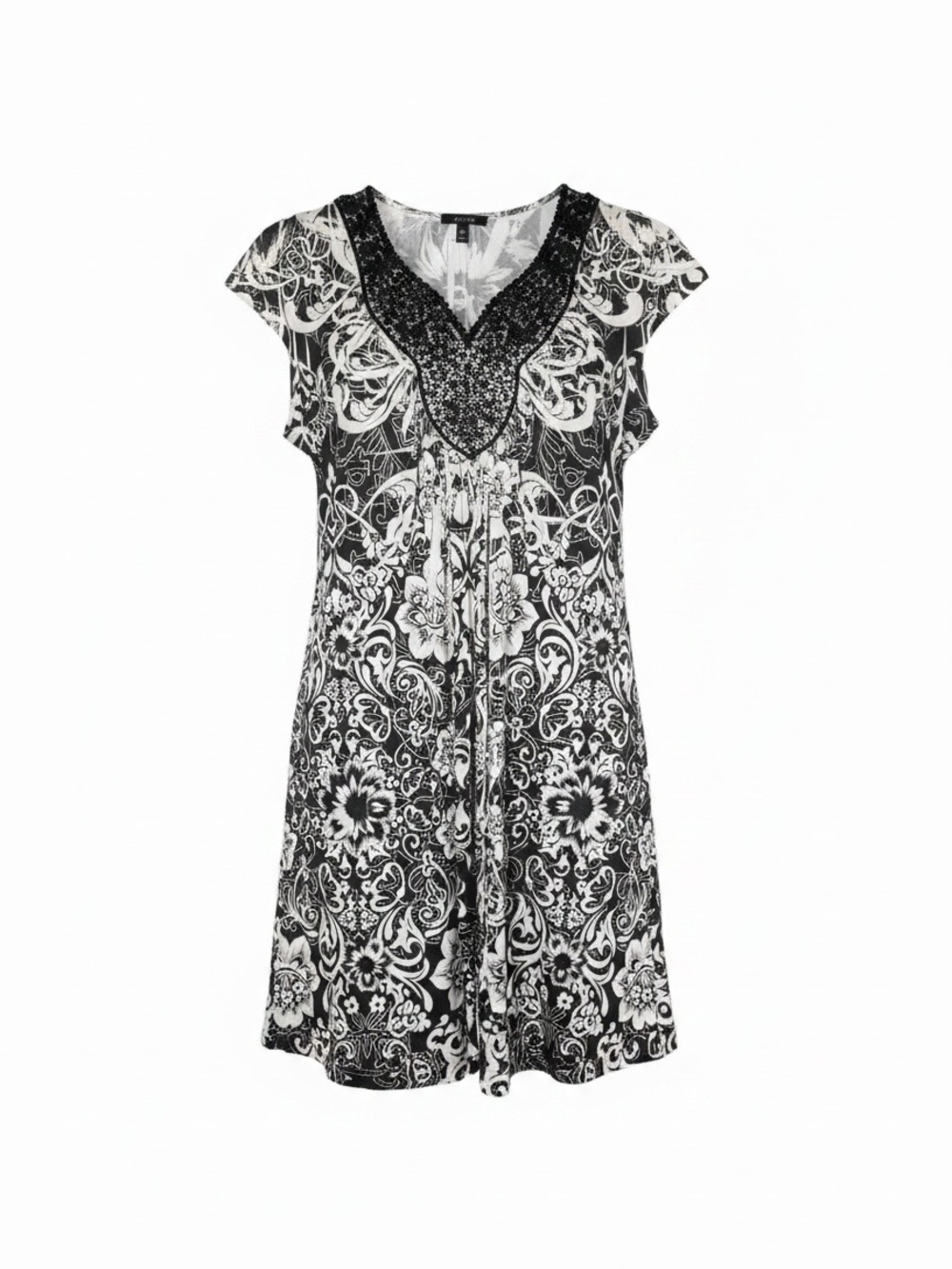Apt. 9 Black White Floral Dress XL Beaded Lace V Neck Stretch